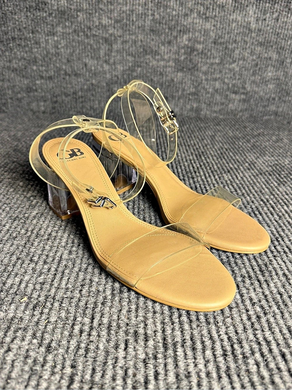 Gianni Bini Alivia Two Clear Vinyl Block Heel Sandals Tan US 9.5 M